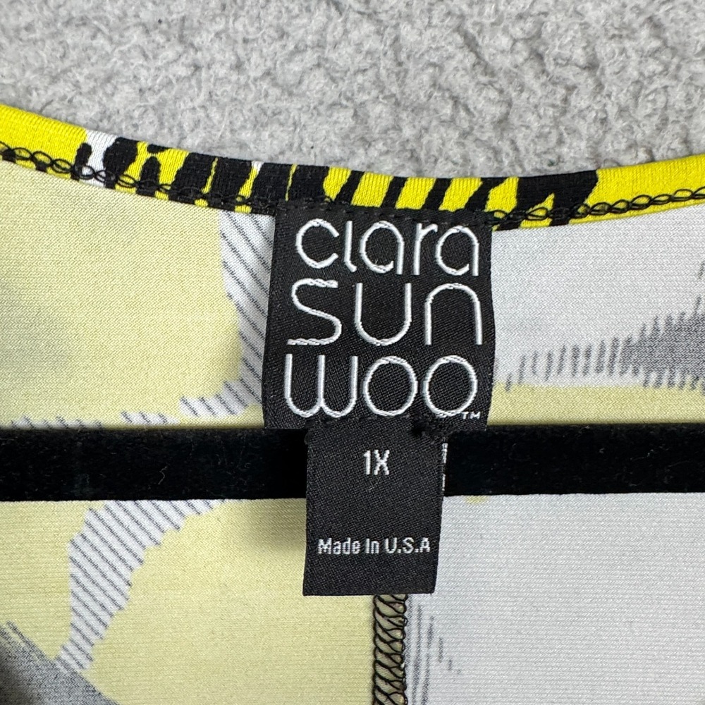 Clara Sunwoo Top Womens 1X Black Yellow Abstract Artsy Stretch‎ Tie Waist Blouse - Picture 7 of 11